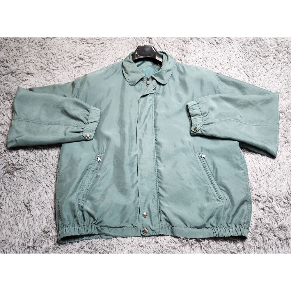 Bobby Chan Green Jacket Mens Size XL 100% Silk Full Zip Pocket‎ Lightweight Coat